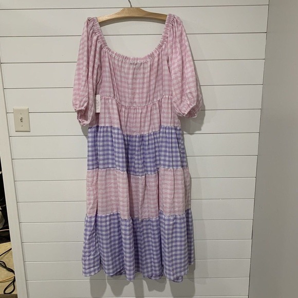 Eloquii | Midi Dress Pink Gingham Check Off the Shoulder Tiered NWT- Size 22 - Picture 6 of 11